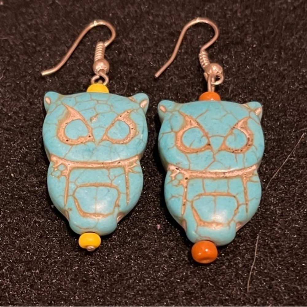 Hand carved etched turquoise blue owl earrings